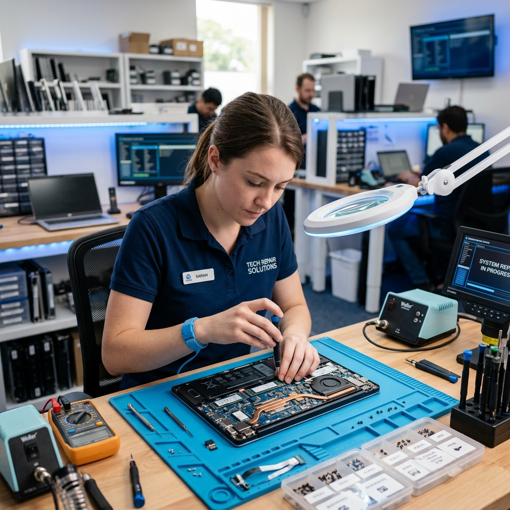 I3 INFOTECH Repair Technician Working on Laptop